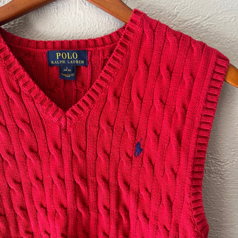Polo Ralph Lauren Boys Red Cable Knit V-Neck Sweater Vest Size L 14-16 Cotton
